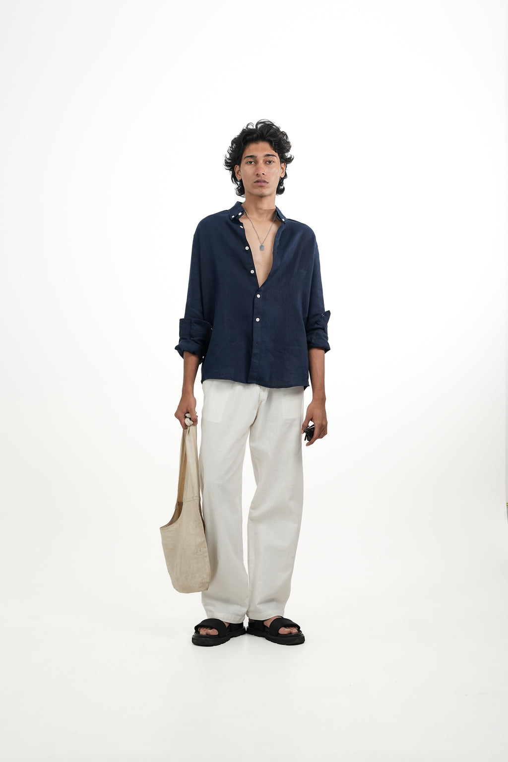 Navy Blue Linen-blend Shirt