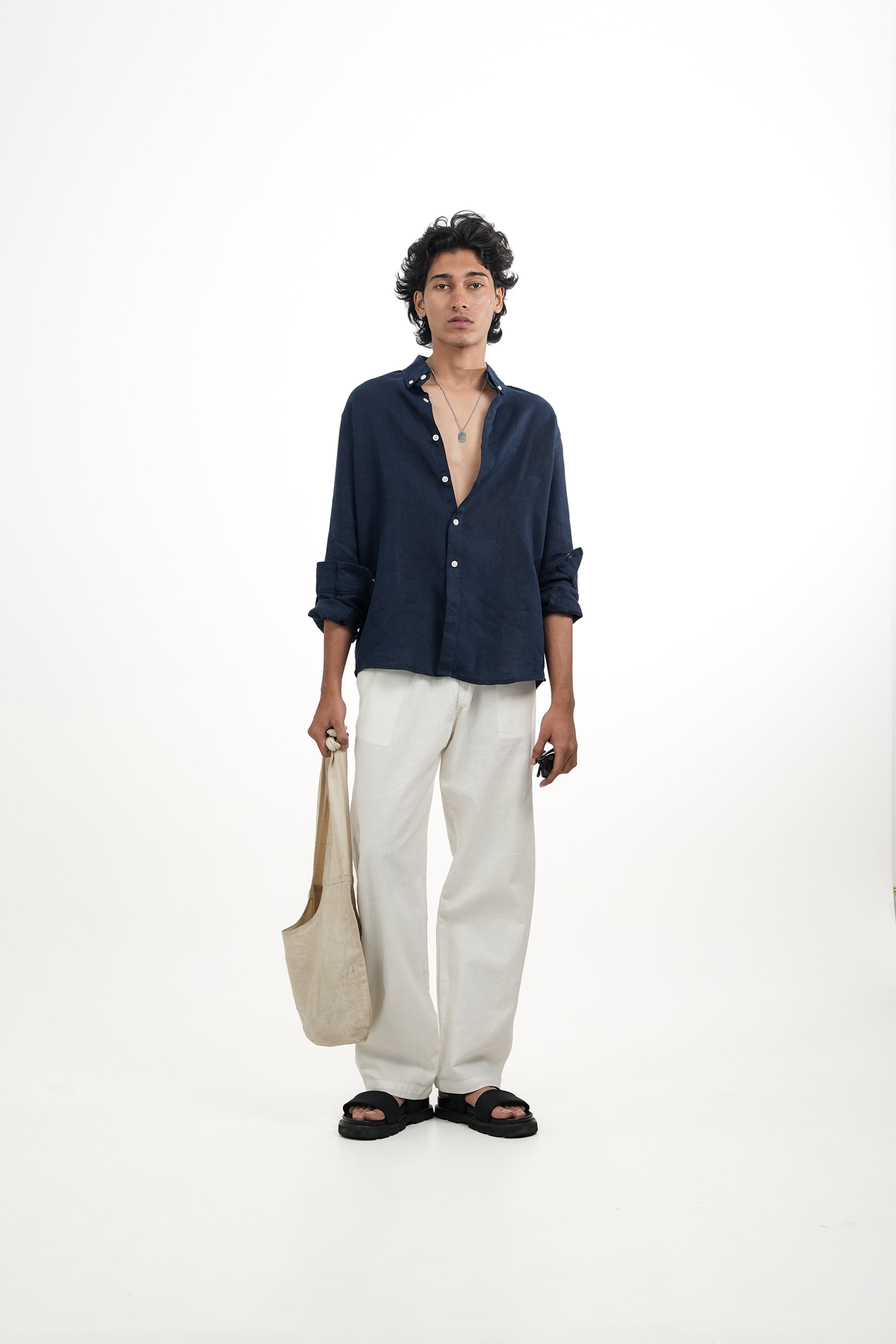 Navy Blue Linen-blend Shirt