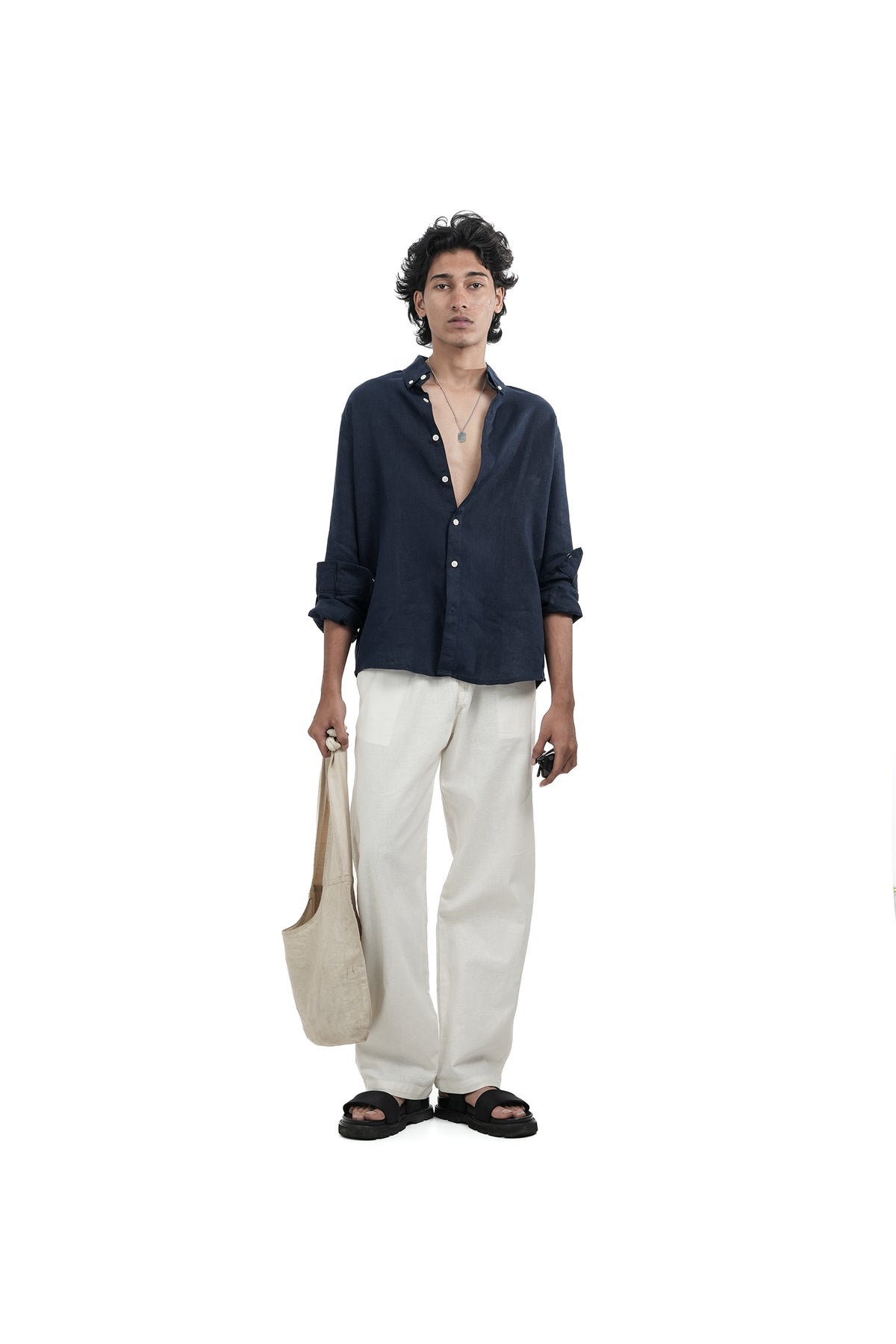 Navy Blue Linen-blend Shirt