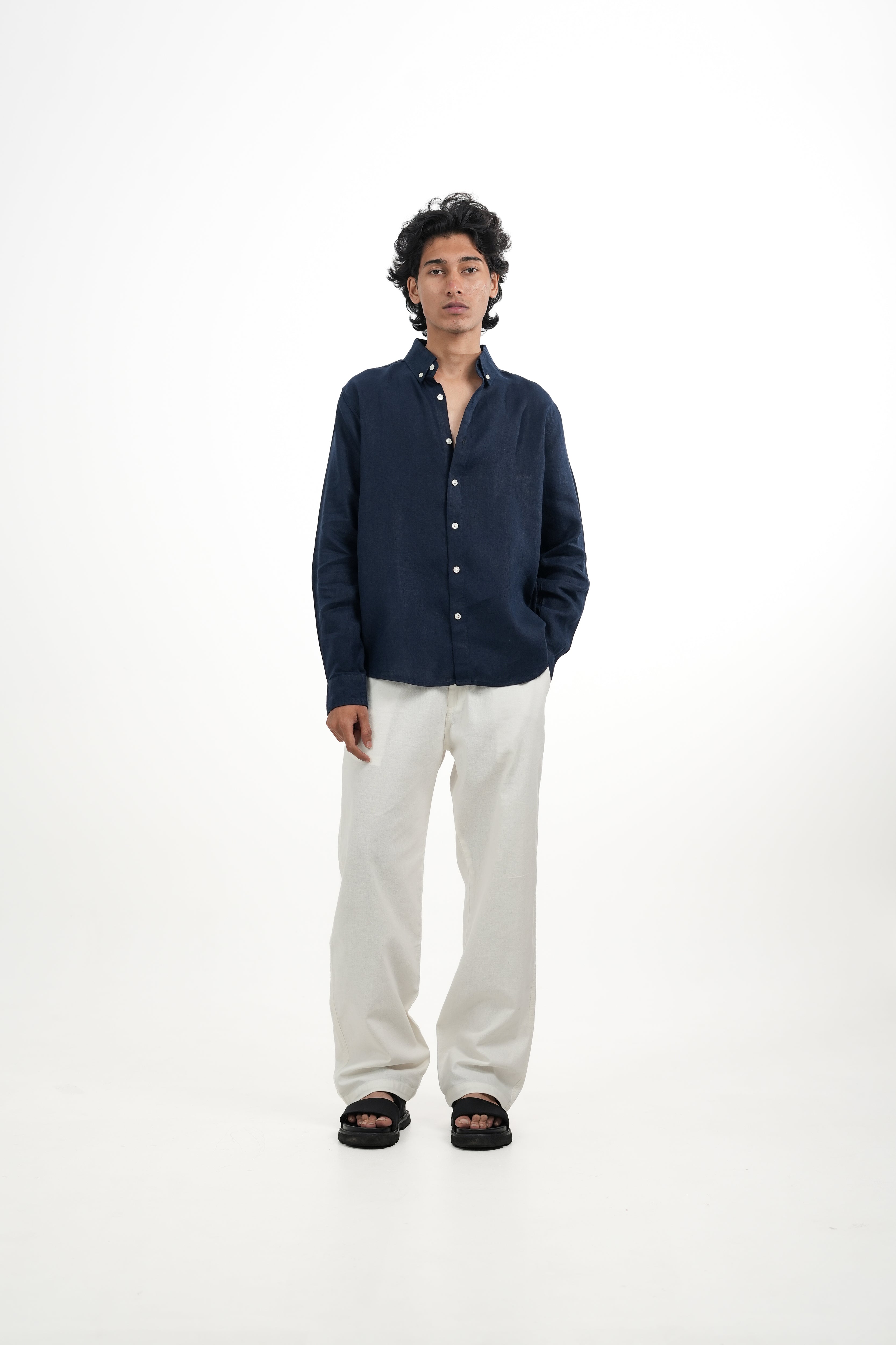 Navy Blue Linen-blend Shirt