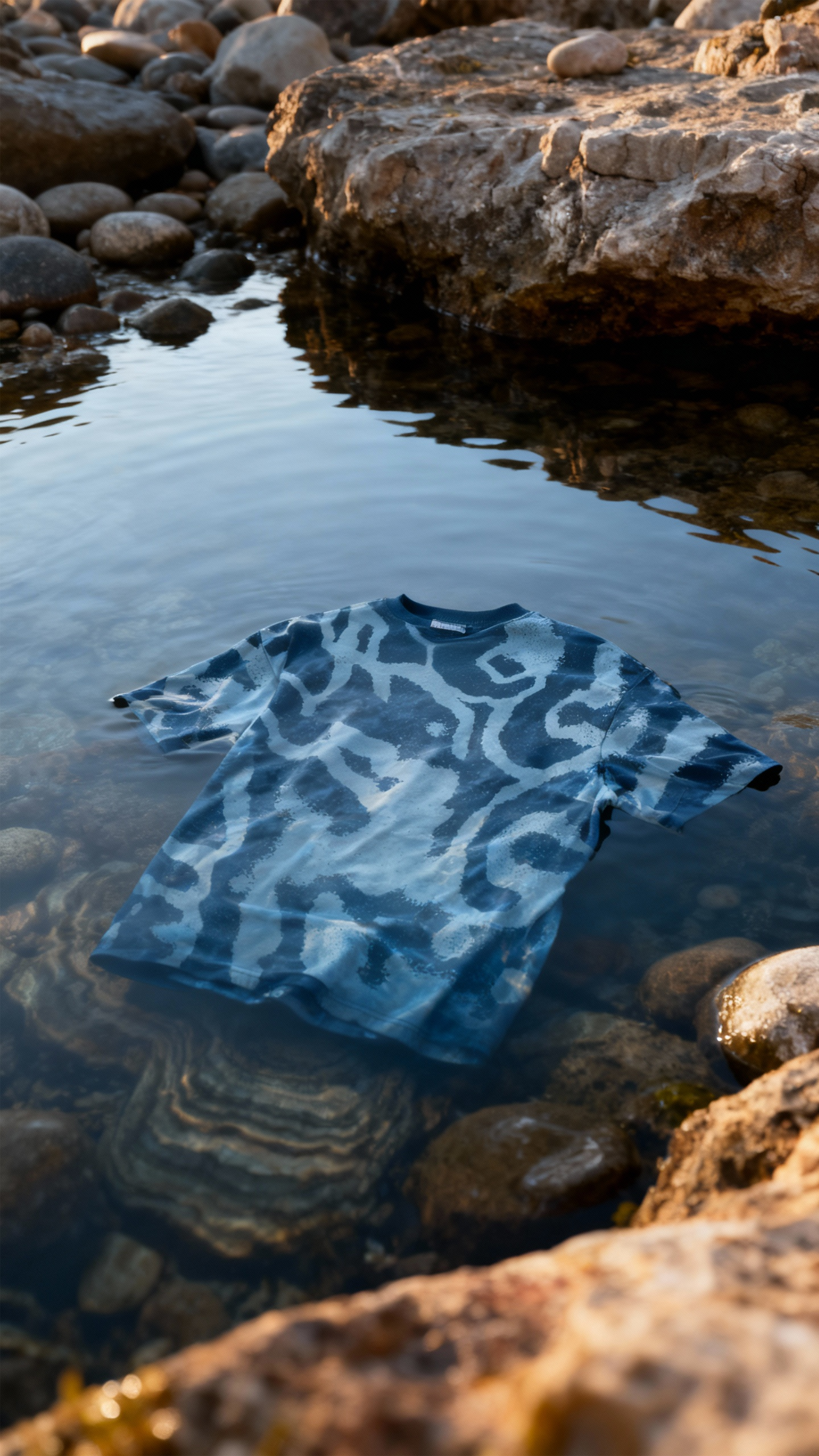 Blue camouflage-patterned shirt floating in a small pond surrounded by rocks